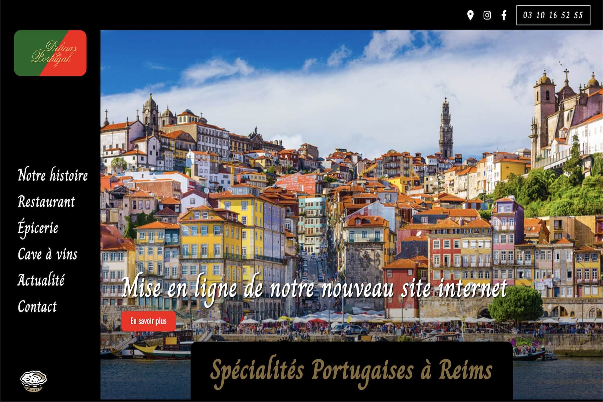 Copie d'écran de la page d'accueil du tout nouveau site internet du restaurant Delicias de Portugal à Reims