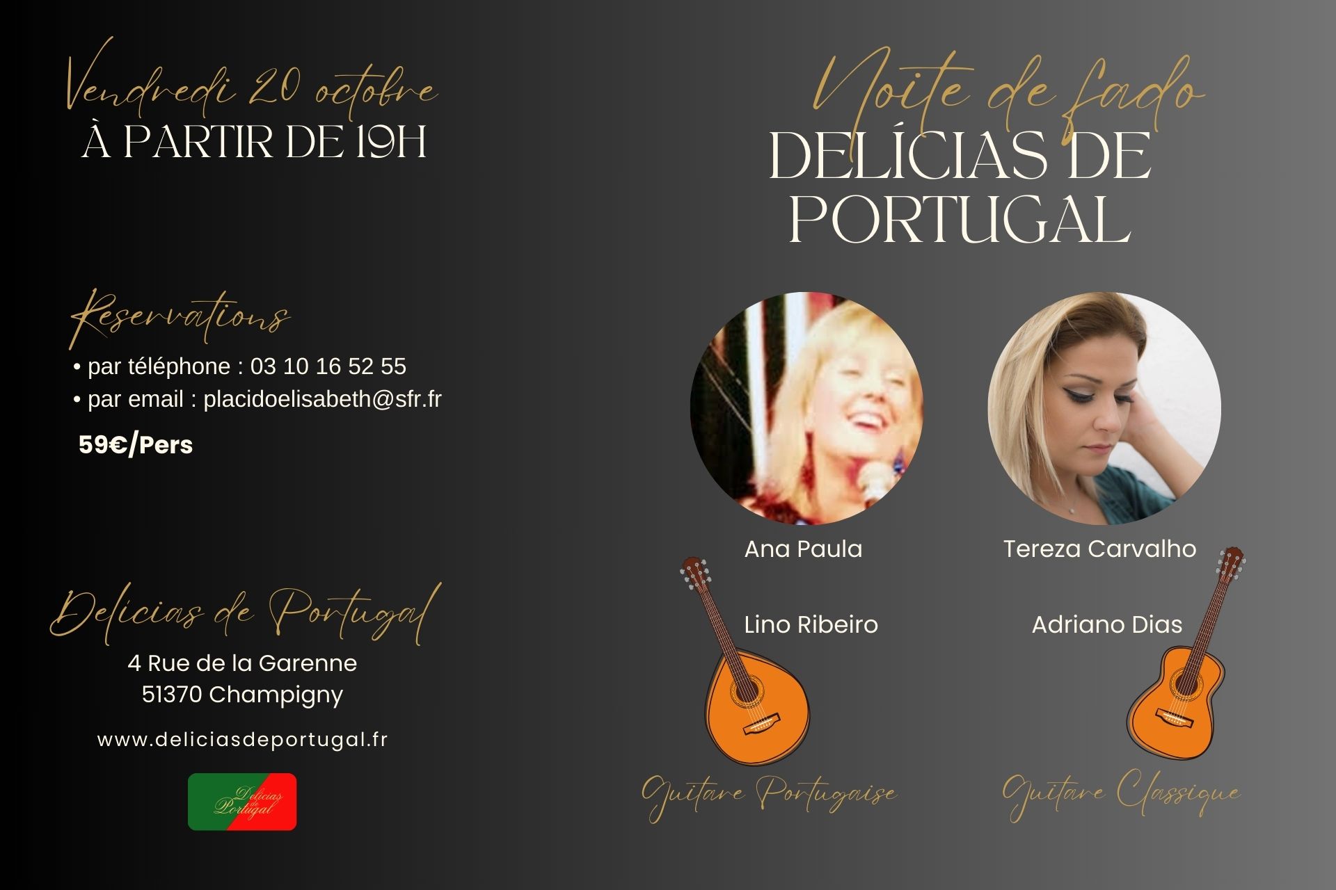 Affiche de la soirée fado du 22 octobre 2023 organisée chez Delicias de Portugal