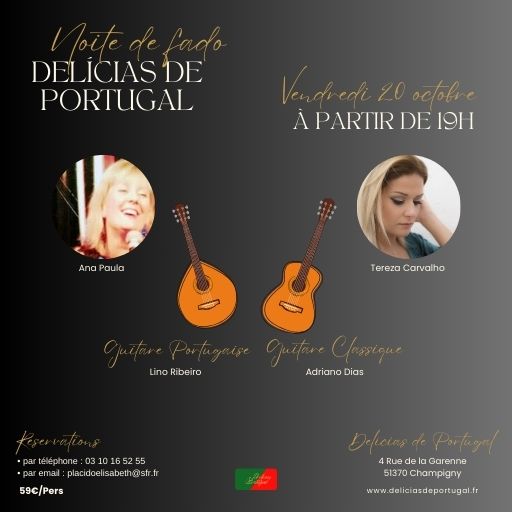 Affiche de la soirée fado du 22 octobre 2023 organisée chez Delicias de Portugal